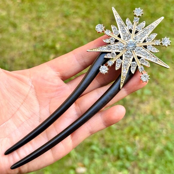 Star Hair Fork Natural Ebony Hair Stick Made to Order 2 Prongs Hair Fork - Picture 3 of 5